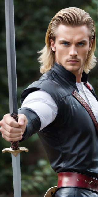 Imagine the following scene:

Realistic photograph of a beautiful man with a sword in his hands. The sword is very elaborate, the steel sword that shines, has designs on the blade of the dragon sword. The focus is the sword

The man is in a combat position, serious, with the sword in his hands.

The scene takes place outdoors.

The man is from Romania, blonde, very light and bright blue eyes, big eyes, long eyelashes, red and full lips, raised hair, gelled hair, blonde hair, black highlights in his hair. Blush, muscular.

The man wears black latex pants, tight pants, and white boots. White shirt tight to the body. You can notice his strong and large pectorals. Voluptuous crotch.

Combat pose, dynamic pose.

The shot is wide to capture the details of the scene. Full body shot. best quality, 8K, high resolution, masterpiece, HD, perfect proportions, perfect hands.