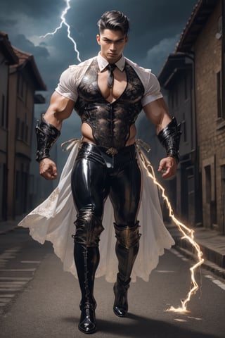 realistic, masterpiece, intricate details, detailed background, depth of field, muscular, photo of a handsome (young corean man with k-pop idol look), 25yo,  wearing latex collared shirt, shiny latex, fighting stance, dynamic pose, walking, thongs, full body portrait, black boots, holding a bow, with arrows on the back, in the street of a medieval town, (short white hair), It has a touch of mystery and magic, dark clouds, and lightning falling to the ground. voluptuous crotch,1girl, roujinzhi
