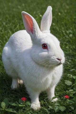 
Hyperrealistic photo of a very realistic white rabbit. The rabbit is in a very green meadow. The rabbit is attentive to movement, on alert. (((The rabbit is facing forward, on its hind legs))). The meadow has many red flowers. It is day. The light enters between the leaves and gives a contrast of shadows on the animal. Beautiful scene, ultra detailed, hyperrealistic, colorful, distant.