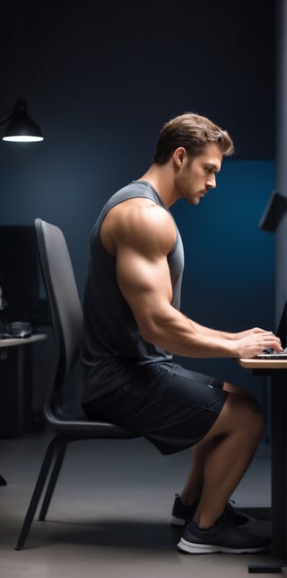 Imagine the following scene:

Realistic photo of a man from behind sitting typing on a laptop. Back to camera

The scene is a very dark room, only the light from the computer.

Broad and muscular back, light brown hair.

Typing on the laptop.

The man wears dark sports clothing.

The shot is wide to capture the details of the scene. Full body shot. best quality, 8K, high resolution, masterpiece, HD, perfect proportions, perfect hands.