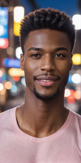 Imagine the following scene:

Realistic photograph of a beautiful man, half-length shot. Pose for Instagram photo

The scene is outdoors at night.

The man is from Nigeria, 20yo, very light and bright blue eyes, big eyes, long eyelashes, red and full lips, blush, muscular.

The man wears a shirt of many colors, a design of many colors.

dynamic pose. Look at the camera, smile

The shot is wide to capture the details of the scene. best quality, 8K, high resolution, masterpiece, HD, perfect proportions, perfect hands.