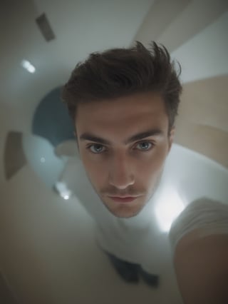 handsome italian man, 20yo, in room, fish eye view, frost, glowing, metamorphic, epic cinematographic take of moving dynamics, main theme of a high budget action film, rough photography, blur of movement, better quality, high resolution