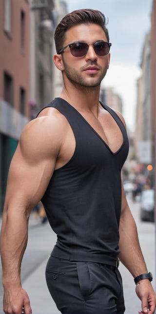 Imagine the following scene:

A close-up photo for Instagram of a beautiful man.

The man is Italian, 25yo, muscular, wearing sunglasses, full and pink lips. Dark brown hair, short hair, very straight hair.

The man wears a tight-fitting sleeveless vest, showing off his beefy arms. Tattoo on the arms. Black dress pants tight to his body. Big ass, big crotch.

The man walks confidently down a busy street. Male. Alfa male.

Many details. Beautiful image.