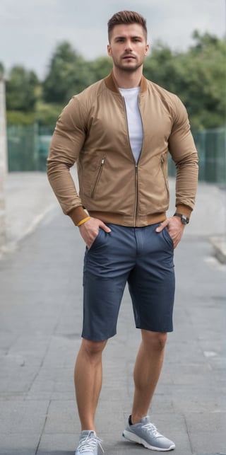 Imagine the following scene.

A handsome man standing outdoors.

The man has his legs open and his hands extended upwards. (Hands up)

His gaze is lowered, the man looks at the floor.

The man is from Romania, muscular, 25yo. Very light brown hair, with golden highlights.

Wear sports shorts, sports shoes, and a sports jacket.

The shot is full body. best quality, 8K, high resolution, masterpiece, HD, perfect proportions, perfect hands.