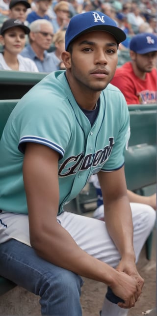 
imagine the following scene

In a seat in a stadium, a beautiful man sits watching a baseball game.

There are many people around celebrating.

The man is Latino, dark skin, 25yo, very light and bright aqua green eyes, big eyes, long eyelashes, full and red lips, average body

He is dressed in a baseball uniform shirt, cap, jeans, and white sports shoes.

He is sitting in the stadium seat with his legs open, focused on the game.

The shot is wide to capture the details of the scene. best quality, 8K, high resolution, masterpiece, HD, perfect proportions, perfect hands.