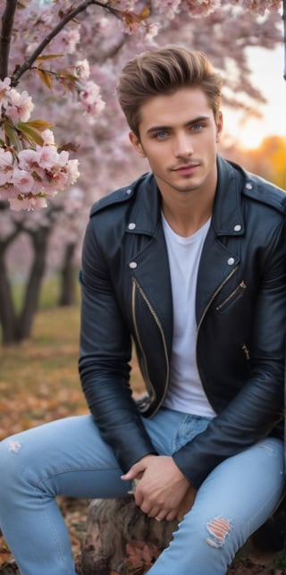 Imagine the following scene:

Realistic photograph of a large cherry tree, leaves fall to the ground, there are leaves in the air, it is a melancholic but beautiful image. It is a beautiful sunset, with many colors in the sky. The focus is the cherry tree

Sitting at the foot of the tree a beautiful man.

The man is from Slovakia, 27yo, very light and bright blue eyes, big eyes, long eyelashes, red and full lips, blush, muscular. standing hair, golden sparkles in the hair.

The man is wearing jeans, sports shoes, and a black jacket.

The man is sitting at the foot of the tree, dynamic pose. Look at the camera, smile

The shot is a long shot, a wide full-body shot to capture the details of the scene. best quality, 8K, high resolution, masterpiece, HD, perfect proportions, perfect hands.