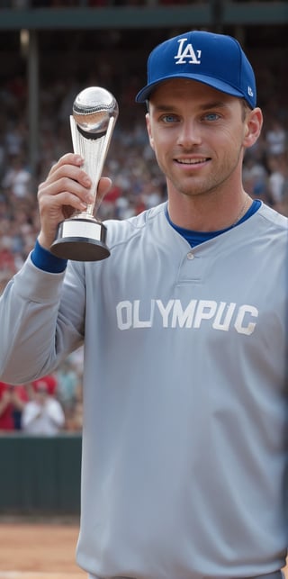 Imagine the following scene.

An Olympic podium. Standing a beautiful man raises a winner's trophy. In the background a stand full of people celebrating their victory

The man has the trophy in his hands extended upwards. Showing the entire public his prize. Expresses great joy.

The man is a baseball player. He wears a blue baseball uniform with red lines.

The man is from Latvia. Very large and bright blue eyes. Clear eyes. Long eyelashes, full and red lips. Very Muscular.

The image should reflect the baseball player's happiness for winning the trophy. Take care of the proportions. Very real.

The shot is wide to notice the details of the scene.