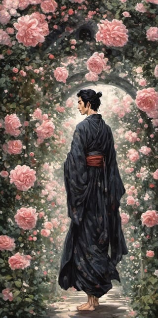 A beautiful young Japanese man, walking through a beautiful rose garden, very black hair, tall, many details, from medieval times. A traditional Japanese art