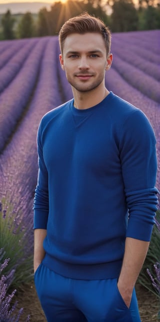 Imagine the following scene.

In a lavender field, the flowers very tall and violet, very beautiful, at sunset.

In the middle of the lavender field a beautiful man standing.

The man is from Germany, hair with yellow highlights, muscular, full and red lips, 28yo, very light and bright blue eyes, big eyes, long eyelashes.

He wears blue lycra pants. blue sweater blue sports shoes.

He has a dynamic pose, a friendly smile, he puts his hands on his waist.

The shot is wide, full body, to capture the details of the scene. best quality, 8K, high resolution, masterpiece), HD, 3D face