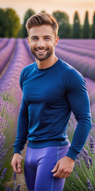 Imagine the following scene.

In a lavender field, the flowers very tall and violet, very beautiful, at sunset.

In the middle of the lavender field a beautiful man standing.

The man is from Germany, hair with yellow highlights, muscular, full and red lips, 28yo, very light and bright blue eyes, big eyes, long eyelashes.

He wears blue lycra pants. blue sweater blue sports shoes.

He has a dynamic pose, a friendly smile, he puts his hands on his waist.

The shot is wide, full body, to capture the details of the scene. best quality, 8K, high resolution, masterpiece), HD, 3D face