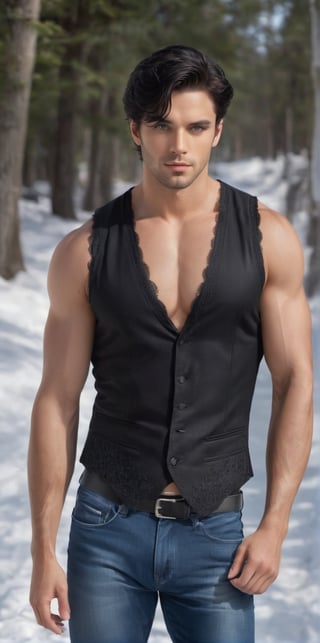 Imagine the following scene:

Photograph of a beautiful man. Full body shot.

Wearing a black vest with lace and flower designs. Open chalet, his large, hairy chest is shown. Jeans, white sports shoes.

The man walks along a path with many trees on each side, it is winter, all the trees covered in snow.

The man is from Arabia, 30yo, very light and wavy black hair, very light and bright blue eyes, big eyes, red and full lips. Muscular. Short hair. blush. Big chest

Walking, enjoy the day. Is happy. dynamic pose. 

(photorealistic), masterpiece: 1.5, beautiful lighting, best quality, beautiful lighting, realistic and natural image, intricate details, all in sharp focus, perfect focus, photography, masterpiece, meticulous nuances, supreme resolution, 32K, ultra-sharp, Superior Quality, realistic and complex details, perfect proportions, perfect hands, perfect feet.
