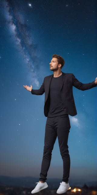 Imagine the following scene:

Surreal photography, on a background of stars, many stars flying in the air. Stars with a black background.

In the middle of the picture, a handsome man dressed in casual clothes. Full body shot.

The shot is wide to capture the details of the scene. 

high realism aesthetic photo, RAW photo, 16K, real photo, best quality, high resolution, masterpiece, HD, perfect proportions, perfect hands