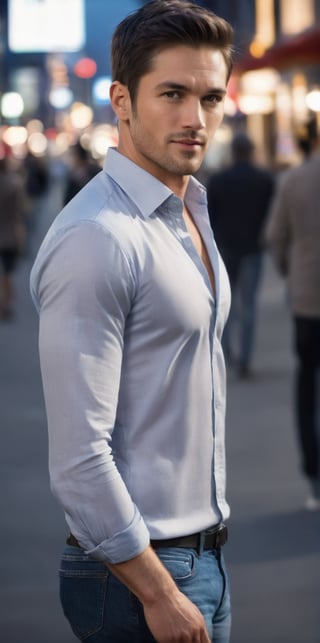 
Imagine the following scene:

Photograph of a beautiful man. Full body shot.

The man walks down a large avenue, with many people and cars. It's night. The blurred background. 

((wearing a light gray silk and lace shirt, jeans, sports shoes)).

(((The man is from Japan))), 30 years old, normal body, big bright blue eyes. Masculine, full and red lips. Blush. very straight and short hair.

Standing in the center of the shot, dynamic pose, walking, smile.

(photorealistic), masterpiece: 1.5, beautiful lighting, best quality, beautiful lighting, realistic and natural image, intricate details, everything in sharp focus, perfect focus, photography, masterpiece, meticulous nuances, supreme resolution, 32K, ultra-sharp, quality Details superior, realistic and complex, perfect proportions, perfect hands, perfect feet.