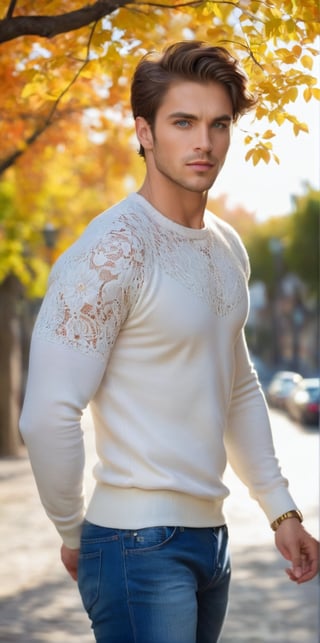 Imagine the following scene:

(((Photograph of a beautiful man))). (((1 man))). Full body shot.

Wearing a white sweater with lace and flower designs. Sweater fitted to your body. Jeans, white sports shoes.

The man walks along a path with many trees on each side, trees with yellow and orange leaves, it is a very colorful scene.  

The man is from Spain, 30yo, very light and wavy brown hair, very light and bright blue eyes, big eyes, red and full lips. Muscular. Short hair. blush. 

Walking, enjoy the day. Is happy. dynamic pose. 

(photorealistic), masterpiece: 1.5, beautiful lighting, best quality, beautiful lighting, realistic and natural image, intricate details, all in sharp focus, perfect focus, photography, masterpiece, meticulous nuances, supreme resolution, 32K, ultra-sharp, Superior Quality, realistic and complex details, perfect proportions, perfect hands, perfect feet.