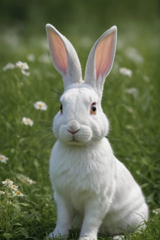 
Hyperrealistic photo of a very realistic white rabbit. The rabbit is in a very green meadow. The rabbit is attentive to movement, on alert. (((The rabbit is facing forward, on its hind legs))). The meadow has many flowers. It is day. The light enters between the leaves and gives a contrast of shadows on the animal. Beautiful scene, ultra detailed, hyperrealistic, colorful, distant.