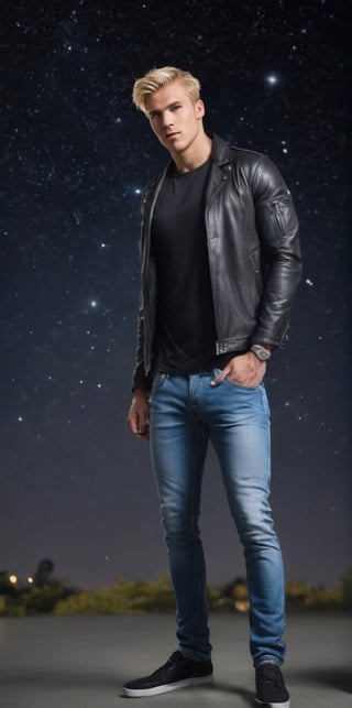 Imagine the following scene:

Surreal photography, on a background of stars, many stars flying in the air. Stars with a black background.

In the middle of the image, a beautiful man from Europe, blonde, dressed in jeans and a black jacket. 25yo, muscular. Full body shot.

The shot is wide to capture the details of the scene. 

high realism aesthetic photo, RAW photo, 16K, real photo, best quality, high resolution, masterpiece, HD, perfect proportions, perfect hands