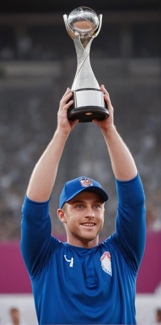 Imagine the following scene.

An Olympic podium. Standing a beautiful man raises a winner's trophy. In the background a stand full of people celebrating their victory

The man has the trophy in his hands extended upwards. Showing the entire public his prize. Expresses great joy.

The man is a baseball player. He wears a blue baseball uniform with red lines.

The man is from Latvia. Very large and bright blue eyes. Clear eyes. Long eyelashes, full and red lips. Very Muscular.

The image should reflect the baseball player's happiness for winning the trophy. Take care of the proportions. Very real.

The shot is wide to notice the details of the scene.