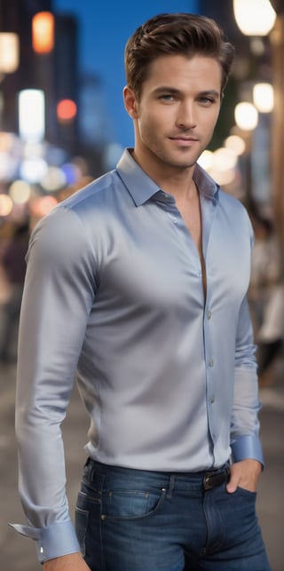
Imagine the following scene:

Photograph of a beautiful man. Full body shot.

The man walks down a large avenue, with many people and cars. It's night. The blurred background. 

((wearing a light gray silk and lace shirt, jeans, sports shoes)).

The man is from Japan, 30 years old, normal body, big bright blue eyes. Masculine, full and red lips. Blush. very straight and short hair.

Standing in the center of the shot, dynamic pose, walking, smile.

(photorealistic), masterpiece: 1.5, beautiful lighting, best quality, beautiful lighting, realistic and natural image, intricate details, everything in sharp focus, perfect focus, photography, masterpiece, meticulous nuances, supreme resolution, 32K, ultra-sharp, quality Details superior, realistic and complex, perfect proportions, perfect hands, perfect feet.