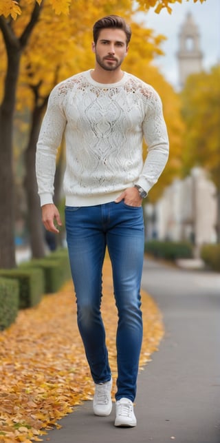 Imagine the following scene:

Photograph of a beautiful man. Full body shot.

Wearing a white sweater with lace and flower designs. Sweater fitted to your body. Jeans, white sports shoes.

The man walks along a path with many trees on each side, trees with yellow and orange leaves, it is a very colorful scene.  

The man is from Spain, 30yo, very light and wavy brown hair, very light and bright blue eyes, big eyes, red and full lips. Muscular. Short hair. blush. 

Walking, enjoy the day. Is happy. dynamic pose. 

(photorealistic), masterpiece: 1.5, beautiful lighting, best quality, beautiful lighting, realistic and natural image, intricate details, all in sharp focus, perfect focus, photography, masterpiece, meticulous nuances, supreme resolution, 32K, ultra-sharp, Superior Quality, realistic and complex details, perfect proportions, perfect hands, perfect feet.