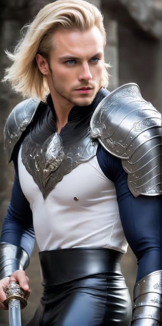 Imagine the following scene:

Realistic photo of a beautiful man with a sword in his hands. The sword is very elaborate, the steel sword that shines, has designs on the blade of the dragon sword.

The man is in a combat position, serious, with the sword in his hands.

The scene takes place outdoors.

The man is from Romania, blonde, very light and bright blue eyes, big eyes, long eyelashes, red and full lips, raised hair, gelled hair, blonde hair, black highlights in his hair. Blush, muscular.

The man wears black latex pants, tight pants, and white boots. White shirt tight to the body. You can notice his strong and large pectorals. Voluptuous crotch.

Combat pose, dynamic pose.

The shot is wide to capture the details of the scene. Full body shot. best quality, 8K, high resolution, masterpiece, HD, perfect proportions, perfect hands.