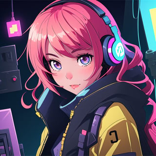 Lofi-girl, highly detailed, cybernetics, Cute Anime cyberpunk Girl using pc, Yellow Jacket, Headphones, High quality, high_resolution, volumetric lighting, well lighted, abient oclusion, instagram post, hacker, high_detail