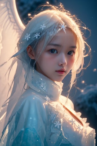  (ice:1.5), ((best quality)), ((masterpiece)), ((ultra-detailed)), extremely detailed CG, (illustration), ((detailed light)), (an extremely delicate and beautiful), a girl, solo, ((upper body,)), ((cute face)), expressionless, (beautiful detailed eyes), full breasts, (medium breasts:1.2), White dragon eyes, (Vertical pupil:1.2), white hair, shiny hair, colored inner hair, [Armor_dress], White_hair ornament, ice adorns hair,depth of field, [ice crystal], (snowflake), angel, (\shuang hua\), ((poakl)),r1ge