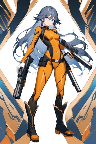 fu hua,(full body), nai3, solo, artstyle,best quality,amazing quality,very aesthetic,absurdres,traditional media 
1girl, solo, long hair, looking at viewer, bangs, blue eyes, black hair, gloves, white background, holding, hair between eyes, closed mouth, standing, full body, weapon, boots, belt, white gloves, black footwear, holding weapon, gun, bodysuit, holding gun, handgun, dual wielding, jumpsuit, orange bodysuit