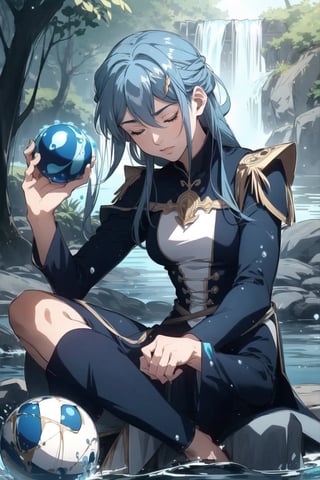 2d, masterpiece, best quality, anime, highly detailed face, highly detailed background, perfect lighting, solo, Sitting on a stone, surrounded by water, in a lake, meditating, eyes closed, blue hair, meditation pose, (Ball-shaped floating water around:1.3), blue warrior clothes with black, background waterfall, nature, forest,fu hua,lixue