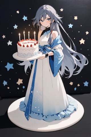 fu hua,(full body), nai3, solo, artstyle,best quality,amazing quality,very aesthetic,absurdres,traditional media 
holding a large birthday cake,"HAPPY BIRTHDAY",cowboy_shot
