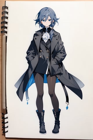 fu hua,(full body), nai3, solo, artstyle,best quality,amazing quality,very aesthetic,absurdres,traditional media 
1girl, solo, looking at viewer, short hair, bangs, blue eyes, long sleeves, hair between eyes, closed mouth, standing, jacket, full body, grey hair, pantyhose, boots, black footwear, coat, black jacket, ascot, knee boots, hand in pocket, black coat, fu hua
