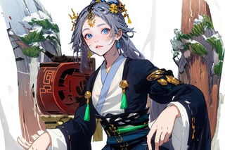  (masterpiece:1.3), (the best quality:1.2), (super fine illustrations:1.2), (Masterpiece), high quality, high detail,((white background:1.2)), looking at viewer, (SOLO:1.4),outline,,simple background, tiara, haori, braid, tassel, hair rings, forehead jewel, circlet, parted bangs, jingle bell,long sleeves, wide sleeves,ponytail,ornament,hair ornament,Grey hair,Chinese clothes,taoist robes, boots, long hair, blue eyes,grey hair, blue eyes, hair ornament, centre parting bangs, ponytail, taoist robes, chinese clothes,(((black skirt)))