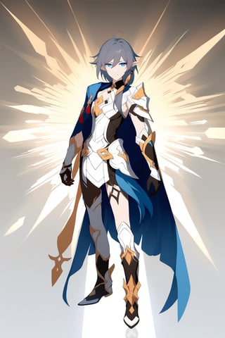 [[fu hua (phoenix)(honkai impact 3rd)]], nai3, 1girl, solo, artstyle,
solo, looking at viewer, short hair, blue eyes, blonde hair, gloves, 1boy, standing, full body, ahoge, male focus, pointy ears, cape, armor