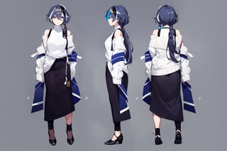 [[fu hua (phoenix)(honkai impact 3rd)]],nai3,1girl,solo,blue eyes {artist:ask(askzy)}, (Multiple views) ,((three sided view,full body,simple background,multiple views,highres)).multicolored hair,round eyewear,turtleneck,skirt,blue legwear,jewelry,earrings,long sleeves,blue eyes,sleeves past wrists,ribbed sweater,hair between eyes,white sweater,very long hair,sweater,streaked hair,sunglasses,braid,bare shoulders,off-shoulder sweater,off shoulder,eyewear on head,