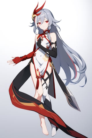 [[fu hua (phoenix)(honkai impact 3rd)]], nai3, 1girl, solo, artstyle,
1girl, solo, long hair, breasts, looking at viewer, bangs, hair ornament, red eyes, thighhighs, gloves, dress, hair between eyes, bare shoulders, full body, white hair, multicolored hair, small breasts, barefoot, sleeveless, black gloves, elbow gloves, fingerless gloves, white dress, streaked hair, sleeveless dress, chinese clothes, bound, single thighhigh, china dress, red gloves, asymmetrical legwear, asymmetrical gloves, mismatched gloves, fu hua