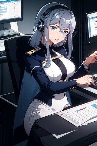 Sexy girl in computer room, tattooed, wearing music headphones, wearing a silver tight sports bra, hand on mouse on table, one computer, one keyboard, 1 mouse, medium, medium length hair, silver hair, slightly curly hair, blue eyes, fiery red lips, smoky makeup, sitting in a game chair, leaning forward, looking at camera, (best quality), (masterpiece), (high resolution), illustration, original, extremely detailed wallpaper, 1 girl, upper body photo Beautiful details in the room, cinematic lighting, dramatic angles, (white: 1), (black: 0.5), (blue: 0.9) Extremely detailed CG8k wallpapers, movie highlight hair, studio photography,lixue, military_uniform, long_hair, hair_between_eyes, shiny_hair
