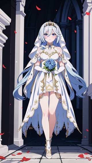 (1 beautiful woman, ornamented long blue hair,expensive detailed white wedding dress design by Clare Waight Keller, white bride veil, long white gloves),(full body) walking to the altar, holding a bouquet, church location, wedding, celebration time, petals falling down,Anime