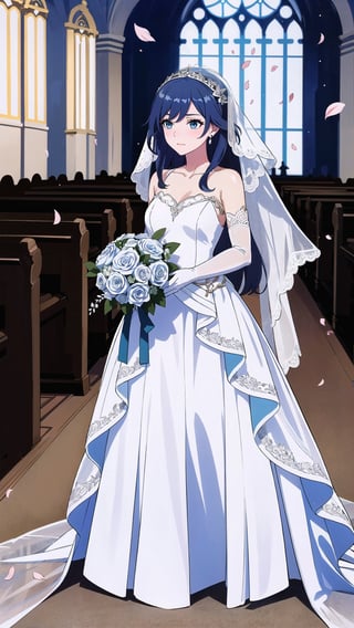 (1 beautiful woman, ornamented long blue hair,expensive detailed white wedding dress design by Clare Waight Keller, white bride veil, long white gloves), walking to the altar, holding a bouquet, church location, wedding, celebration time, petals falling down,Anime