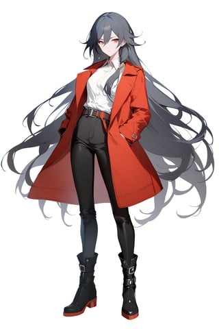 [[fu hua (phoenix)(honkai impact 3rd)]], nai3, 1girl, solo, artstyle,
1girl, solo, long hair, looking at viewer, bangs, simple background, shirt, black hair, long sleeves, white background, hair between eyes, brown eyes, very long hair, closed mouth, standing, full body, white shirt, boots, open clothes, shiny, collared shirt, belt, pants, black footwear, coat, black pants, open coat, hands in pockets, shirt tucked in, red coat, high-waist pants