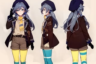 [[fu hua (phoenix)(honkai impact 3rd)]],nai3,1girl,solo,blue eyes {artist:ask(askzy)}, (Multiple views) hair between eyes,bangs,hat,long sleeves,blue eyes,solo,1girl,long hair,smile,gloves,fu hua,grey hair,(yellow sweater),green legwear,green vertical-striped legwear,vertical-striped legwear,pantyhose,belt,cross-laced footwear,brown jacket,beret,brown shorts,yellow scarf,