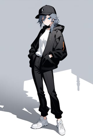 fu hua,(full body), nai3, solo, artstyle,best quality,amazing quality,very aesthetic,absurdres,traditional media 
1girl, solo, looking at viewer, short hair, blue eyes, simple background, hat, white background, hair between eyes, standing, jacket, full body, grey hair, open clothes, shoes, pants, hood, open jacket, black jacket, black headwear, hoodie, shadow, black pants, white footwear, sneakers, baseball cap, hooded jacket, hood up, hands in pockets