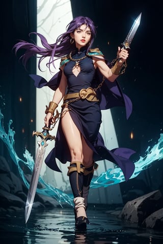parametersmasterpiece,best quality,8k,simple details,1girl,(battle tendency:1.2),long hair,weapon,((purple hair)),solo,holding,sword,armor,holding weapon,looking at viewer,holding sword,shoulder armor,gloves,jewelry,chain,dress,full body,bangs,red lips,floating hair,earrings,pauldrons,cape,lips,standing,black dress,very long hair,yellow eyes,Taoist robes,girl,water,fu hua, , , 

