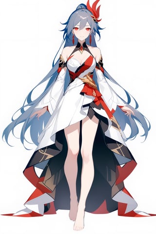 [[fu hua (phoenix)(honkai impact 3rd)]], nai3, 1girl, solo, artstyle,
1girl, solo, long hair, breasts, looking at viewer, smile, bangs, simple background, hair ornament, red eyes, long sleeves, white background, dress, cleavage, bare shoulders, jewelry, medium breasts, closed mouth, standing, full body, ponytail, red hair, earrings, detached sleeves, barefoot, shiny, wide sleeves, white dress, shiny hair