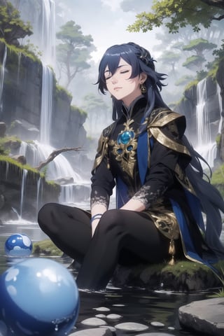 2d, masterpiece, best quality, anime, highly detailed face, highly detailed background, perfect lighting, solo, Sitting on a stone, surrounded by water, in a lake, meditating, eyes closed, blue hair, meditation pose, (Ball-shaped floating water around:1.3), blue warrior clothes with black, background waterfall, nature, forest,fu hua