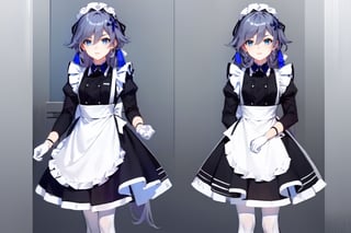 [[fu hua (phoenix)(honkai impact 3rd)]],nai3,1girl,solo,blue eyes {artist:ask(askzy)}, (Multiple views) ,long hair,hair between eyes,very long hair,white hair,maid headdress,bangs,maid,long sleeves,hair ornament,braid,thighhighs,white apron,wa maid,frilled apron,red bow,black dress,dress,maid apron,white gloves,low twintails,apron,jewelry,multicolored hair,