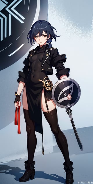  muscular mechanical body, ((brown eyes, black-hair)), black leather coat, holding chinese blade and Shield ,fu hua,full_body,sanguozhi,print robe