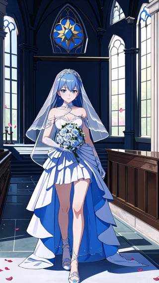 (1 beautiful woman, ornamented long blue hair,expensive detailed white wedding dress design by Clare Waight Keller, white bride veil, long white gloves),(full body) walking to the altar, holding a bouquet, church location, wedding, celebration time, petals falling down,Anime