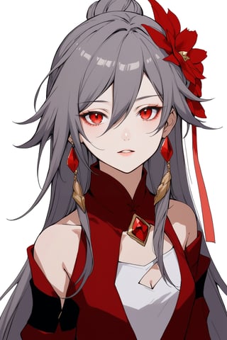 [[fu hua(honkai impact 3rd)]], nai3, 1girl, solo, artstyle,best quality,amazing quality,very aesthetic,absurdres,traditional media,female focus, 
1girl, solo, long hair, looking at viewer, simple background, hair ornament, red eyes, white background, upper body, white hair, parted lips, hair bun, single hair bun, gem