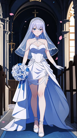 (1 beautiful woman, ornamented long blue hair,expensive detailed white wedding dress design by Clare Waight Keller, white bride veil, long white gloves),(full body) walking to the altar, holding a bouquet, church location, wedding, celebration time, petals falling down,Anime