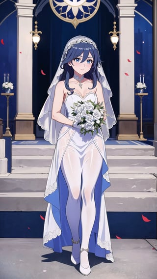 (1 beautiful woman, ornamented long hair,expensive detailed white wedding dress design by Clare Waight Keller, white bride veil, long white gloves),(full body) walking to the altar, holding a bouquet, church location, wedding, celebration time, petals falling down,Anime,fu hua