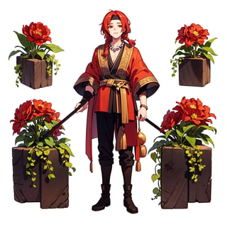 (masterpiece:1.3), (the best quality:1.2), (super fine illustrations:1.2), (Masterpiece), high quality, high detail, (white background:1.2), looking at viewer, (SOLO:1.4), outline, simple background,braid, jewelry, 1boy, red hair, long hair, necklace, armor, messy hair, chinese clothes, circlet, hair ornament, bangs, boots, weapon, headband, earrings, pants, red shirt,